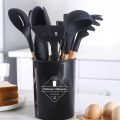 12 Pcs Silicone Cooking Utensils Kitchen Utensil Set Heat Resistant Non-Toxic BPA Free Spatula Set with Turner Tongs,Spoon,Brush,Whisk-Wooden Handles Kitchen Gadgets Tools Set for Nonstick Cookware. 