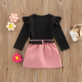 Baby Girl Clothes Set, Solid Color Long Sleeve Crew Neck Ruffle Tops + Elastic Waist A-Line Skirt + Pendant Bag. 