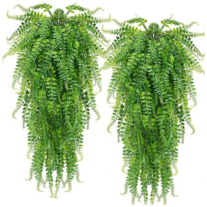 BRADOO-2 Pcs Artificial Hang Ferns Plants Vine Ivy Boston Fern Hang Plant Outdoor UV Resistant Plastic Plants