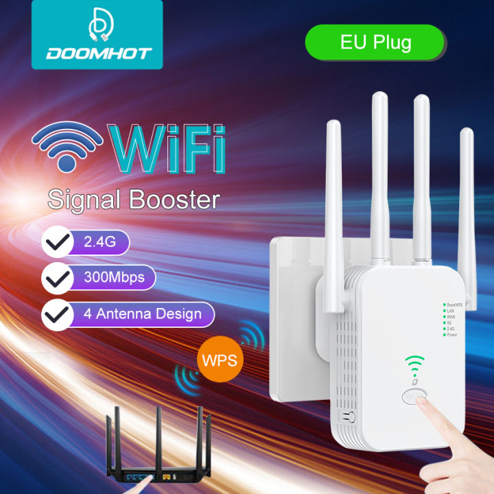 Doomhot WiFi Repeater 2.4Ghz Wireless Range Extender WiFi Signal Booster 1200Mbps Wi-Fi Signal Amplifier Network Routers Network Extender for AP Router Range EU Plug