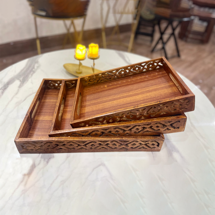 Wooden Screen Tray Set-Wooden Tray Set 3Pcs-Wooden Serving Tray Set of 3 With Handle- Wooden High Quality Trays Different Sizes for Tea Coffee Food Platter Household Kitchen Multipurpose Use