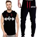 Black Vinyl Dumble Printed Gym Summer Hooded Sleeveless Tracksuit for Mens (Hooded Tshirt + Trouser ). 