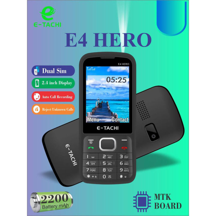 Etachi E4 Hero, Dual Sim, Same like Q_Mobile E4, 2.4 Inch Display, 2200mAH Battery, Auto Call recording, Rejected unkown callers, wireless FM radio, Audio & video Player, PTA Approved, 1 Year Brand Warranty