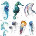 OMMGO Seahorse Dolphin Ocean Temporary Tattoos Sticker Watercolor Tattoo Flash Custom Tatoo For Children Women Body Art Arm. 