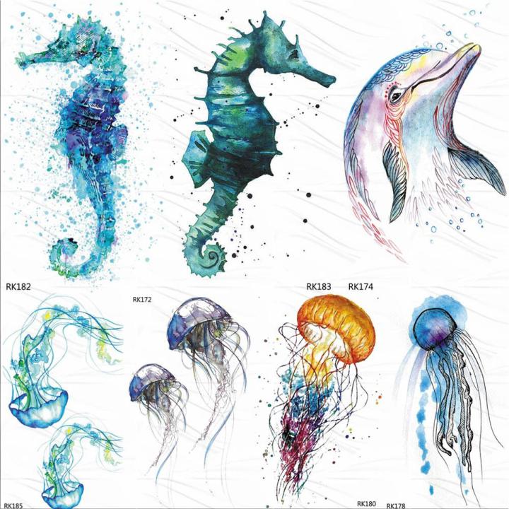 OMMGO Seahorse Dolphin Ocean Temporary Tattoos Sticker Watercolor Tattoo Flash Custom Tatoo For Children Women Body Art Arm