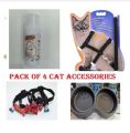 Bundle of cat accessories : Cat Collar - Bowknot Bell Design, Cat stick Teaser Toy Feather, cat double bowl, cat harness and leash. 