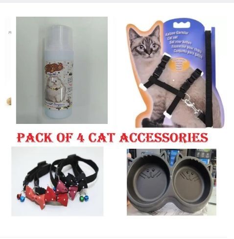 Bundle of cat accessories : Cat Collar - Bowknot Bell Design, Cat stick Teaser Toy Feather, cat double bowl, cat harness and leash