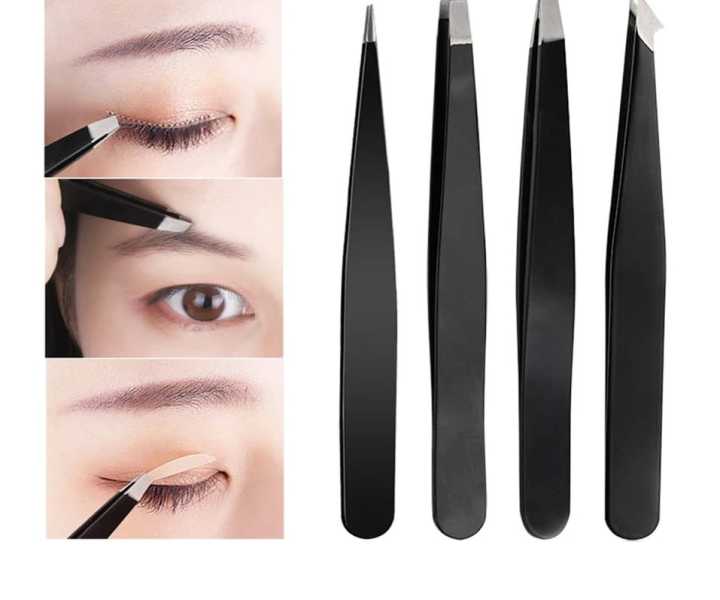 Professional Eye brow Tools Kit Set of 4PCS -  Stainless Steel Tweezers/Makeup Scissors/Eyebrow Knife/Eyelash Brush/Tweezers Case