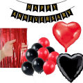 Red & Black Happy Anniversary Decoration Set With Happy Anniversary Banner  - Hearts Foil Balloons  , Red Curtains and Latex Balloons. 