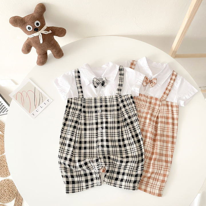 Gentle Baby Boys Summer Clothing Plaid Cotton Short Sleeved Infants Romper Casual