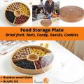 1pc Bamboo Food Storage Tray Bamboo Dry Fruit Nuts, Candy, Snacks, Cookies Plate with Acrylic Lid. 