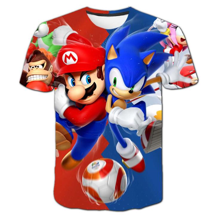New Yellow Sonic T-shirt Children's Wear Boys' 3D Cartoon Game Super Mario Boys' Clothing Women's T-shirts Girls' Summer Wear