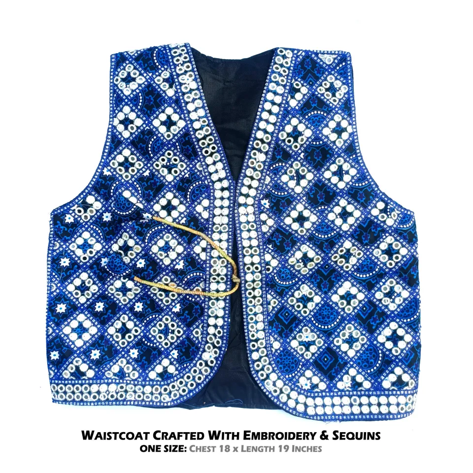 Ajrak Waistcoat For Girls Saraiki Multani Blue White Black Ajrak