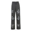 Women's Loose Jeans, High Waist Butterfly Print Long Straight Pants, Slim Baggy Trousers. 