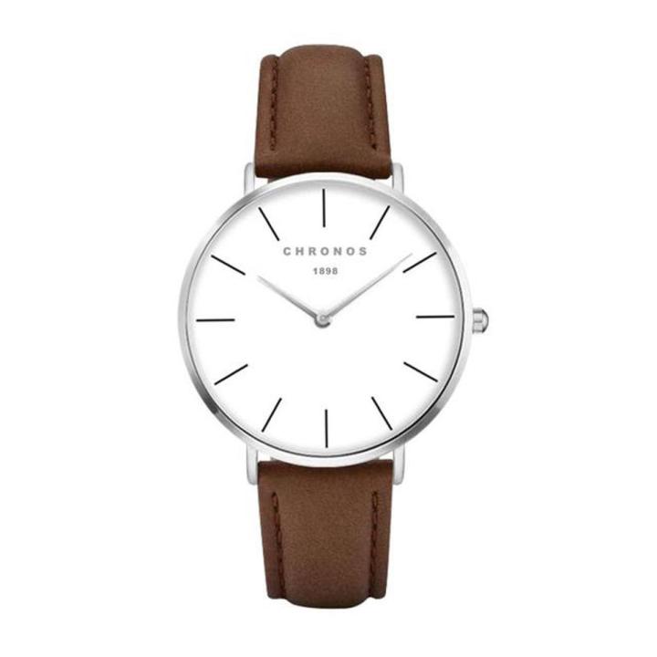 Chronos 1898 Men Women Simple Quartz Watch Case Unisex Couple Leather Watches Large Analog Face Brown Black Montre Femme