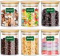 6pc Glass Jar with Wooden Lid air tight canister and jar - 450 ml Small Food Storage Containers for Home Kitchen, Tea, Herbs, Sugar, Salt, Coffee, Flour, Herbs, Grains Non-toxic, BPA free, Higher Thermal Shock Resistance than Regular Glass, Microwave safe. 