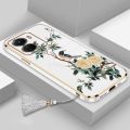 casing oppo a57 4g 2022 phone case Electroplated Plating silicone bird with flower design soft shell to send lanyard. 