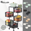 Kitchen Storage Rotating Rack in Black- Premium Round Metal Trolley with 360° Rotating Wheels and Breathable Top - 3, 4, 5 Tiers. 