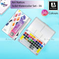 Art Nation Solid Watercolor Set - 36 Colors - 2 x Water Brush Pen & Mixing Palette. 