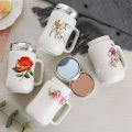 Fancy Cute White Black Travel Flower Eiffel Tower Printed Ceramic Coffee Milk Tea Mugs Cup with Mirror Lid For Boys Girls with Handle - 450 ML. 