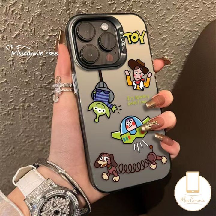 MissConnie Fashion Sticker Cute Alien Buzz Lightyear Phone Case Compatible for IPhone 11 14 12 15 13 Pro Max XR X XS Max 14 15 Plus Cartoon Toy Story Luxury Plating Metal Shockproof Soft Cover