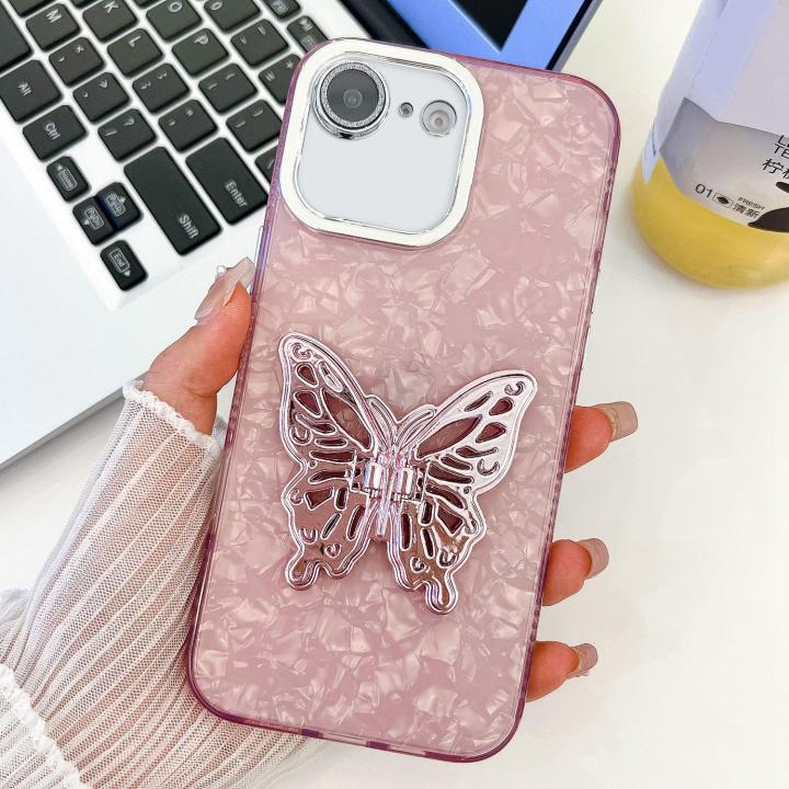(COD) Plating Glitter Texture Butterfly Holder TPU Phone Case with Lens Film For iPhone 16e
