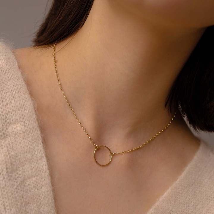 Empty Circle Round Pendant with Adjustable Chain for Women - Gold Tone Choker Girl's Necklace