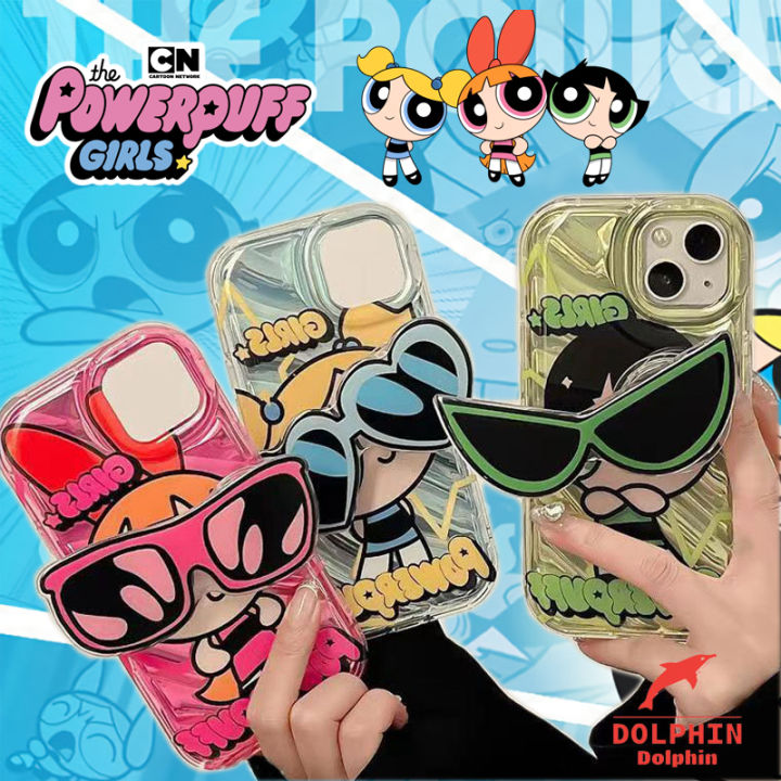 100% Quality+COD Cartoon The Powerpuff Girls Phone Case with Sunglasses Stand Cute for iphone cover for 14 13 12 11 Pro Max X XR Xs Max cellphone casing boutique case