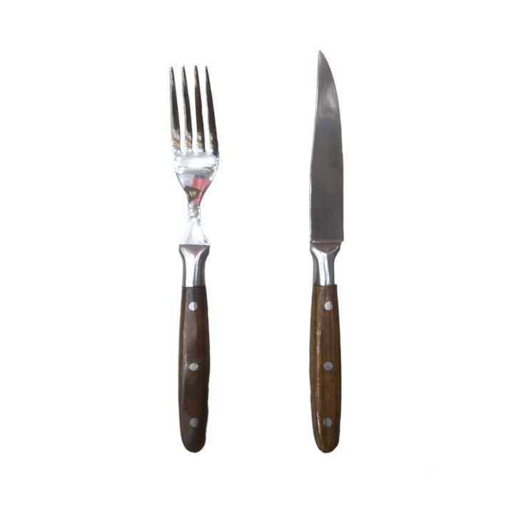 Professional Cutlery Utensils: Steak Knife or Steak Fork with Strong Wood Handle - Stainless Steel Material