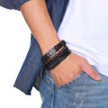 4-Piece Men’s Leather Wrap Bracelet Set – Vintage Tree of Life & Wood Beads. 