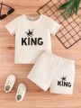 2pcs Infant & Toddler's KING & Crown Print Summer Outfit, T-shirt & Casual Shorts, Baby Boy's Clothes. 