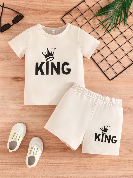 2pcs Infant & Toddler's KING & Crown Print Summer Outfit, T-shirt & Casual Shorts, Baby Boy's Clothes