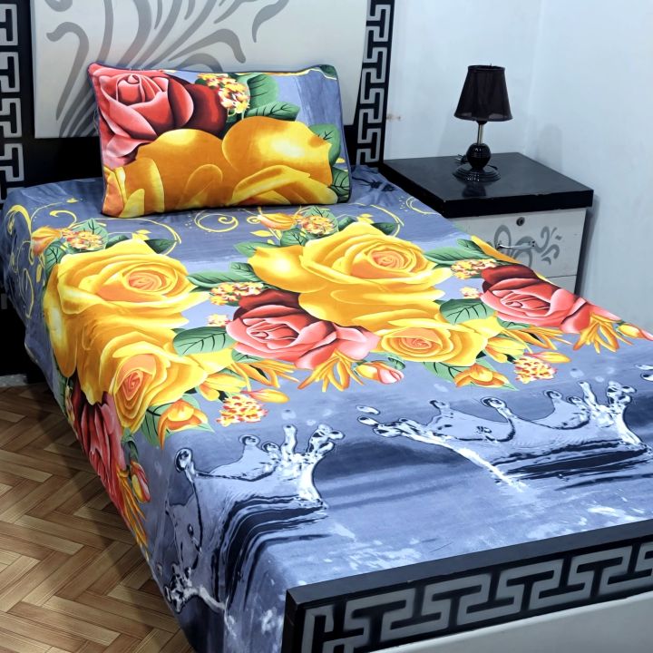 BeQuest Cotton Single Bed Sheet Set with Colorful Pillow - Stitched