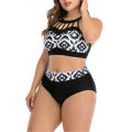 Women  Printing Backless Bikini Top Fashion High Waist Plus Size Plain Thong Two Piece Set. 