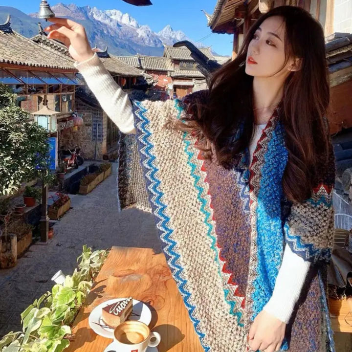 Xu Hongdou with the same Yunnan Lijiang tourism photo ethnic style knitted shawl, women's scarf, cloak and cape