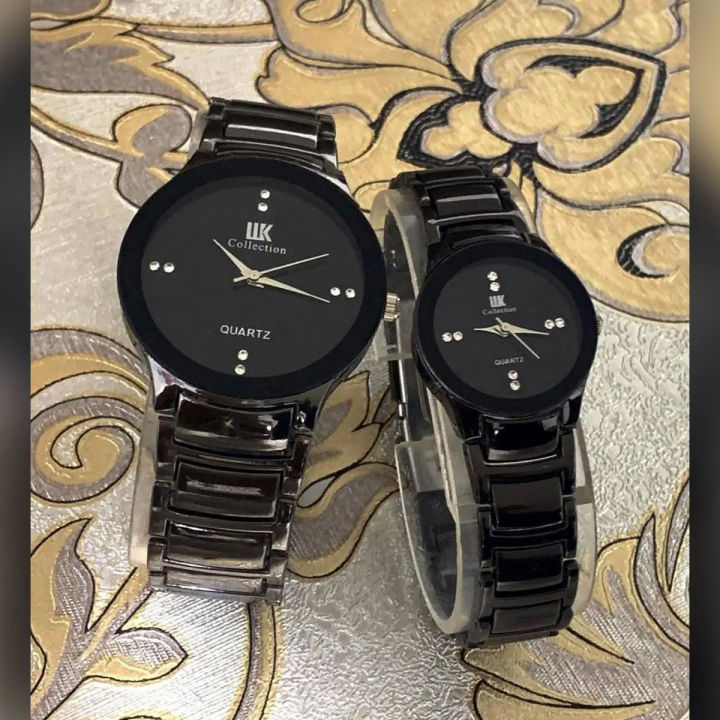 Pack Of 2 Black Stainless Steel Analog Couple Watch for men watch for girl with box