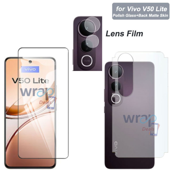 Pack of 3 - vivo v50 lite Tempered Glass + Back Matte Protector + Camera Lens Protector 9H Flexible Soft Nano Film & Vinyl Lamination wrap skin paper sheet & Screen Glass Protector For vivo v50lite - Transparent