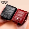 Mini PU Leather Lipstick Bag with Mirror – Crocodile Pattern, Button Closure, Travel Cosmetic Pouch. 