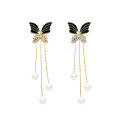 Black Butterfly Korean Temperament Aura Women's Long Tassel Drop Earrings Female Versatile Pearl Earrings for Girls. 