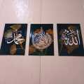 Islamic Calligraphy Wall Frames – Calligraphy Art Set of 3 – Golden & Black Floral Design – Modern Islamic Wall Décor for Living Room & Home Decoration– Home decoration items– Room decoration items– Decorating item -Mister Traders. 