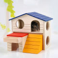 Cute 2 Layers Wooden Hamster Sleeping Grinding Pet House with Feeding Trough. 