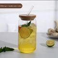 Drinking Glasses Round Shaped Glass Cups with Bamboo Lids and Glass Straws for Beer Iced Coffee Wine Cocktail,Glass with glass straw and wooden lid, coffee glass, milk glass, juice glass -Imported high quality - cups for tea - tea cup - coffee mug. 