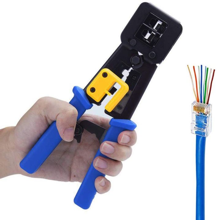 EZ RJ45 Crimp Tool Pass Through Cat5 Cat5e Cat6 Crimping Tool for RJ45/RJ12 Regular and End-Pass-Through connectors with 50PCS