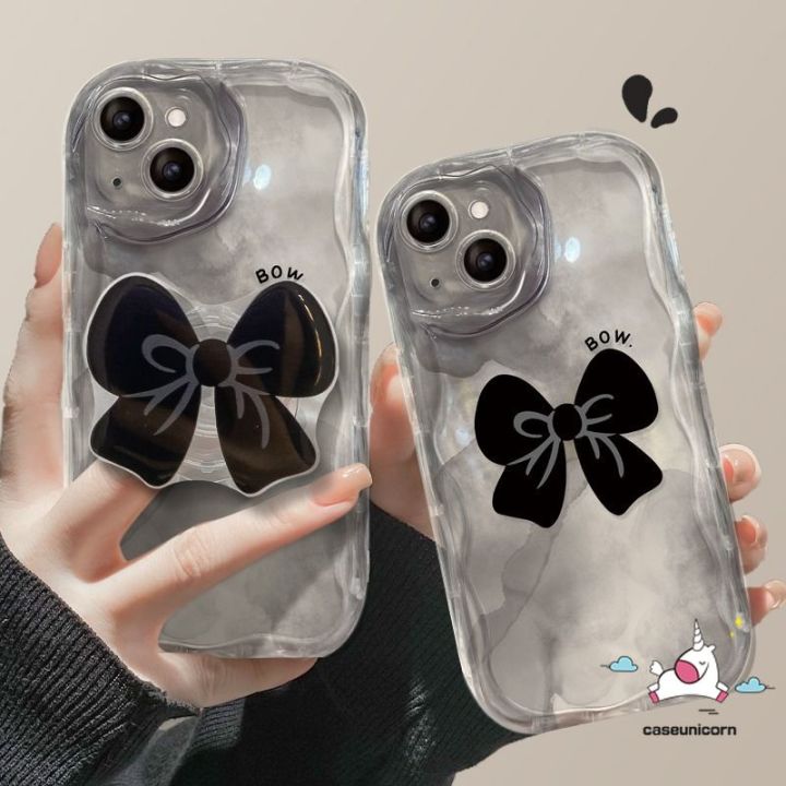 3D Wavy Curved Edge Art Ink Case Compatible For iPhone 11 13 XR 14 12 Pro Max 8 7 6 6s Plus X XS Max SE 2020 Cute Bowknot Back Cover with Bracket Phone Stand