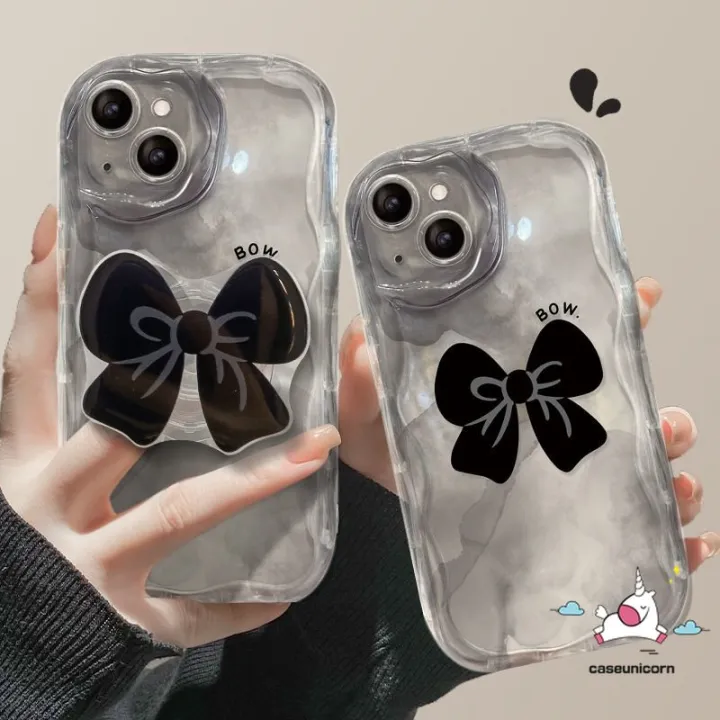 3D Wavy Curved Edge Art Ink Case Compatible For iPhone 11 13 XR 14 12 Pro Max 8 7 6 6s Plus X XS Max SE 2020 Cute Bowknot Back Cover with Bracket Phone Stand