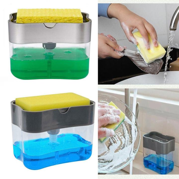 2-in-1 Soap Dispenser with Sponge, 13 oz Soap Pump and Sponge Caddy, Kitchen and Bathroom Organizer, Home Cleaning Accessories