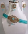 Earrings, Bindya, and Necklace Jewellery Set - Sky-Blue Moti with Glass Beads - Moroccan Style Jewellery for Girls and Women". 