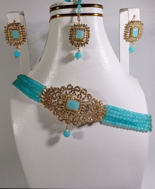 Earrings, Bindya, and Necklace Jewellery Set - Sky-Blue Moti with Glass Beads - Moroccan Style Jewellery for Girls and Women"