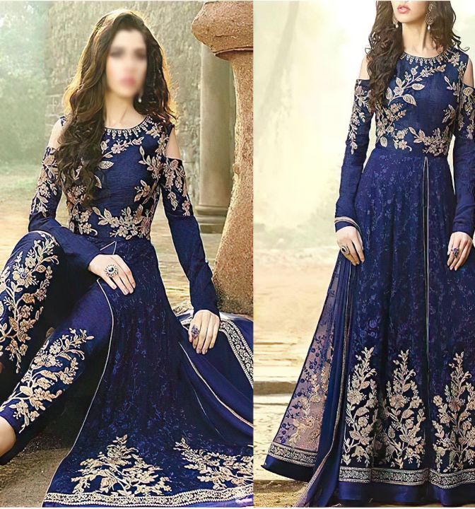 Chiffon Embroidered Maxi Dress 4-Side Embroidered Dupatta SM-07 Navy Blue