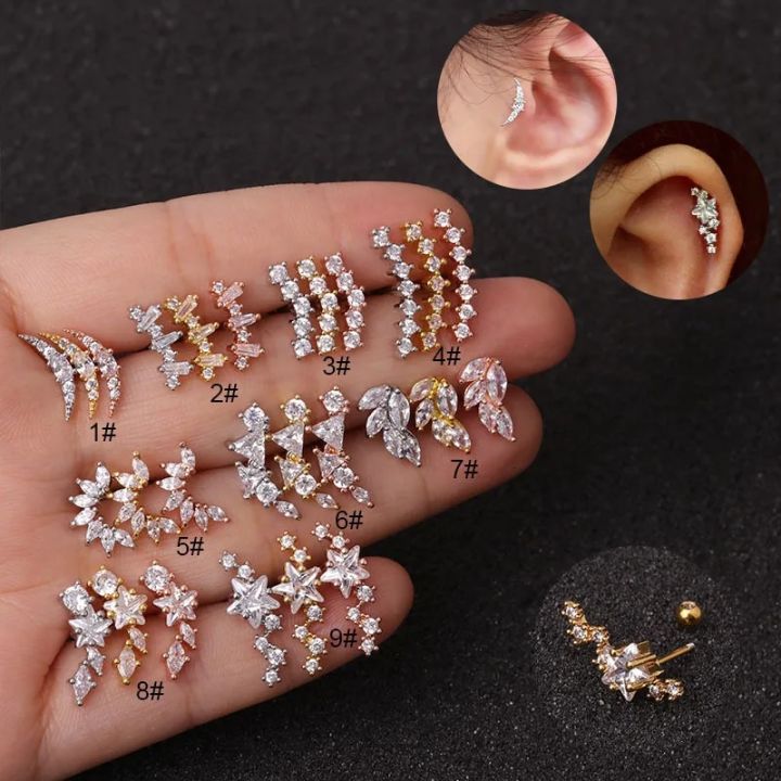 Helix Piercing Earrings For Women Cartilage Stud Earring Targus Helix Lobe Flat Ear Piercing Zircon Stainless Steel Jewelry 1PC